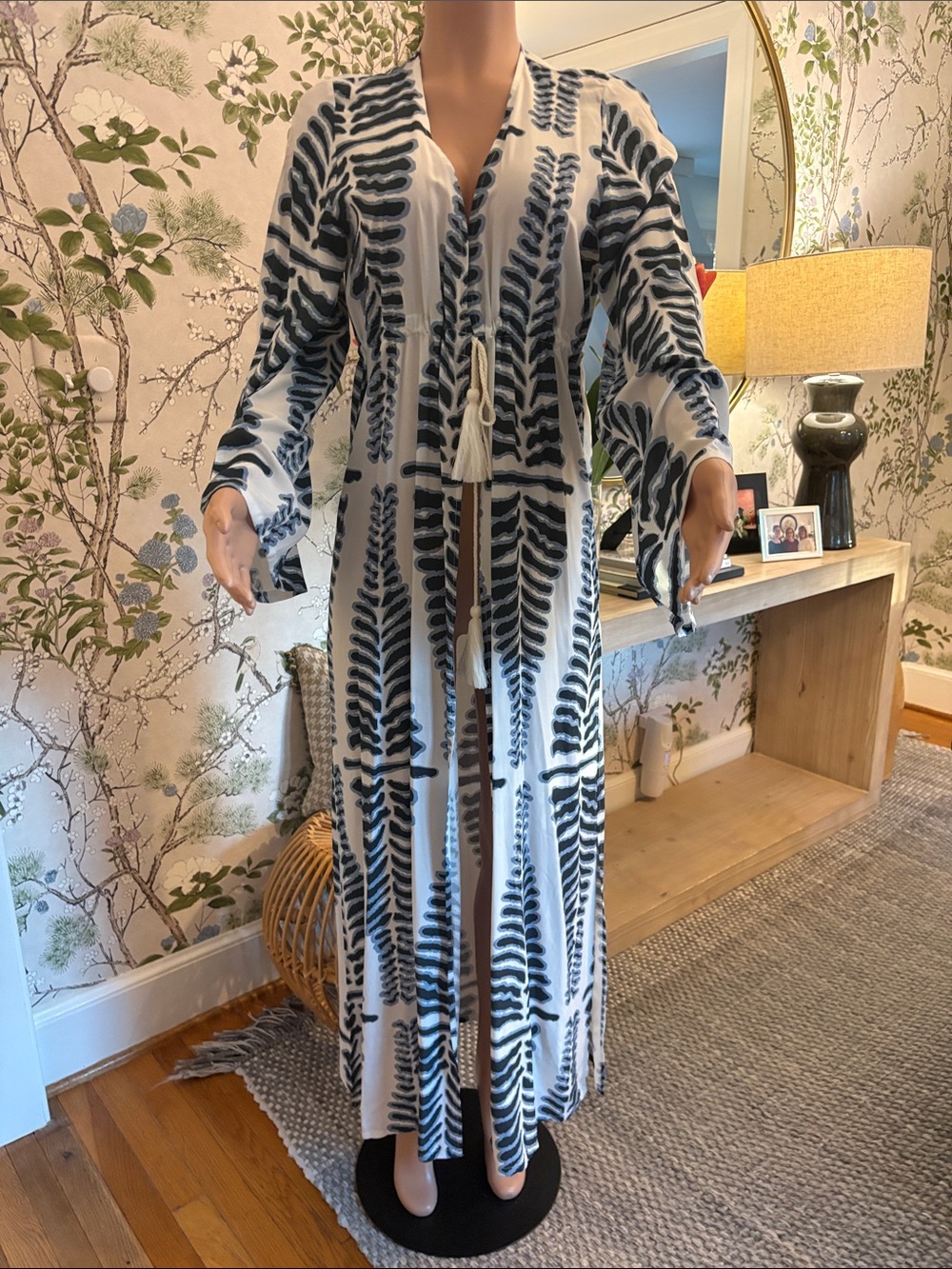 Long Navy Leaf-Print Women’s Swim Coverup Maxi
